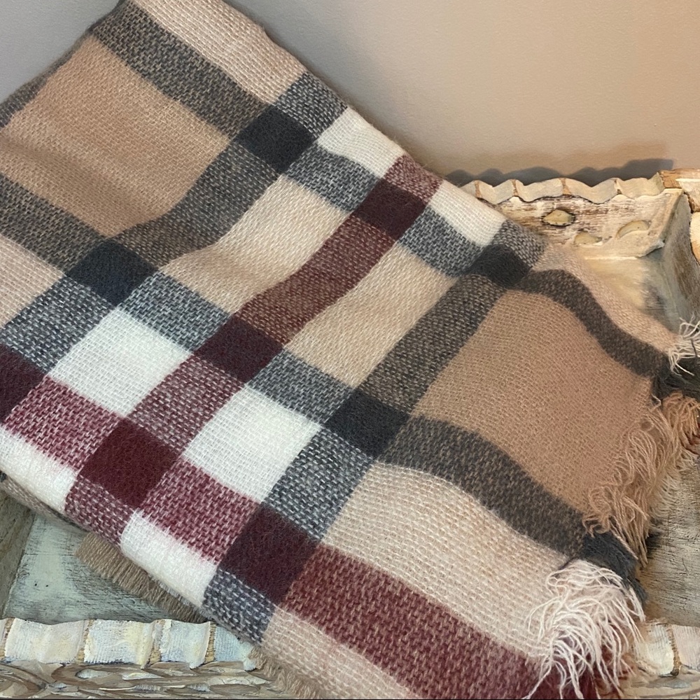 New! Tan, Black, Red, White Plaid Blanket Scarf